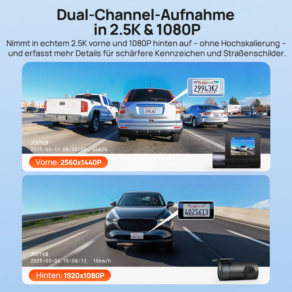 70mai Dash Cam A410 2.5K HDR Dual w/ GPS, Emergency Record, G-Sensor, App Control & Compact Design